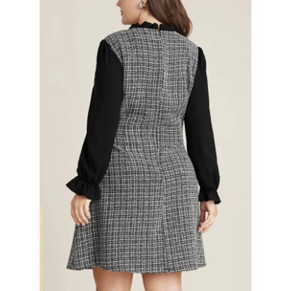BLOOMCHIC 22-24 3X Plus Patchwork Frill Trim Mock Neck Tweed Knee Dress NWT B43 - Picture 2 of 10